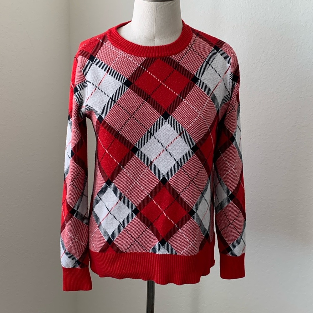 Plaid Sweater sz S Red Black White Quirky Eclectic Grandpa preppy classic